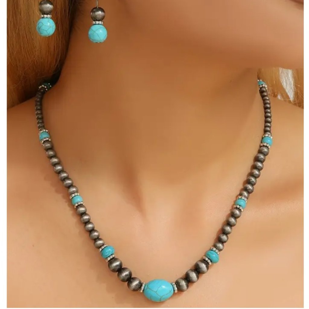Bohemian Natural Turquoise Grey Beads Silver Spacers Necklace Earring Set 22$